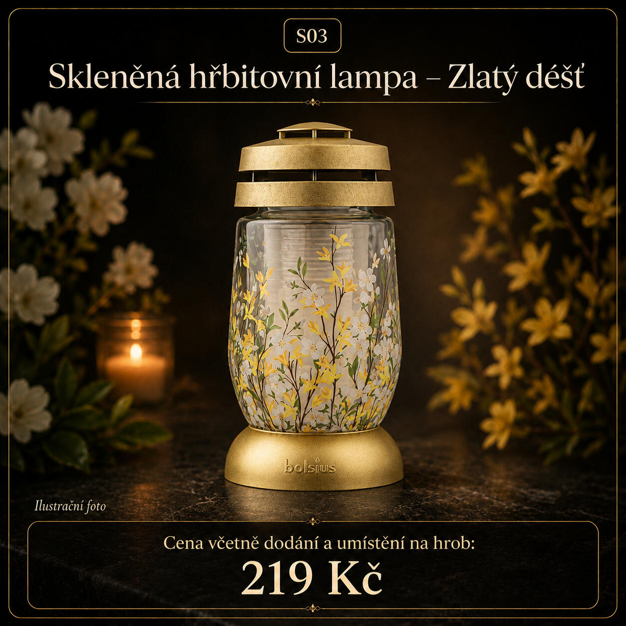 Skleněná hřbitovní lampa Zlatý déšť