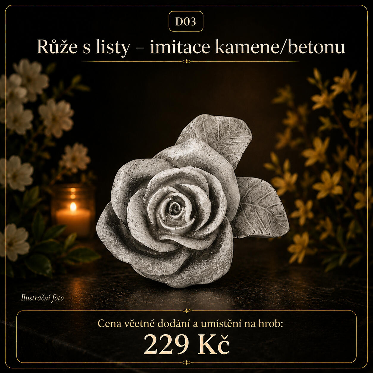 Hřbitovní dekorace Růže s listy, imitace betonu